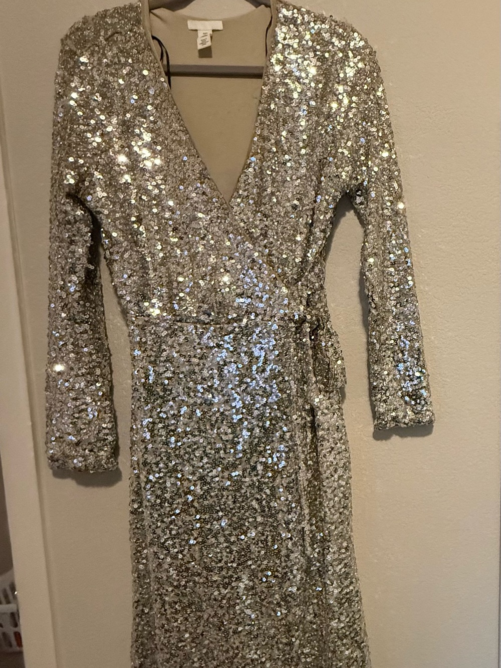 H&M Silver Sequin Wrap Dress with Long Sleeves